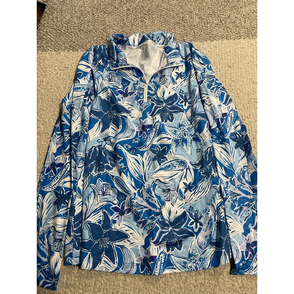 X By Gottex 1/4 Zip Pullover Womens Sz Small Hawaiian Print Top Golf Shirt Blue